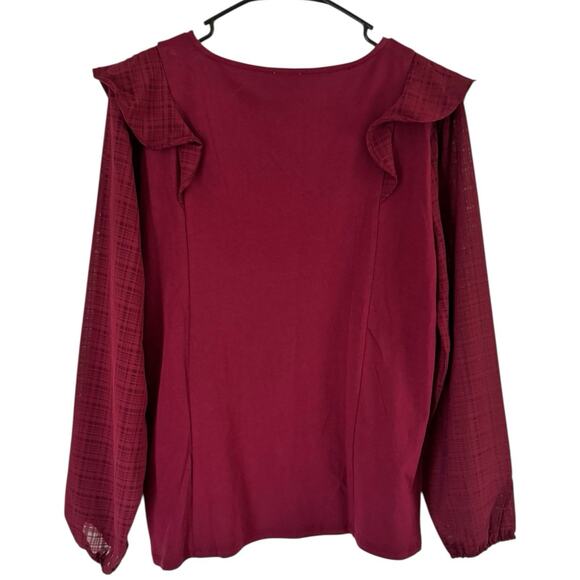 NWT J. Crew Ruffle Shoulder Top Jacquard Plaid Sleeve Warm Burgundy Size Small - Picture 2 of 6